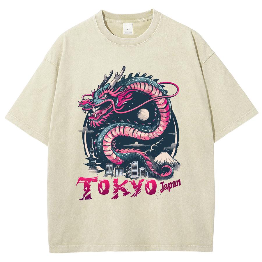 Japanische Cartoon Drache Tokio Buchstaben Print Damen T-Shirt Übergroß Gewaschene Baumwolle Halbarm Lockeres Design Street Top