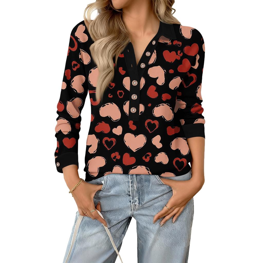 Damen Retro Street Lässiger V-Ausschnitt Langarm Knopf Valentinstag Herz Pullover Top