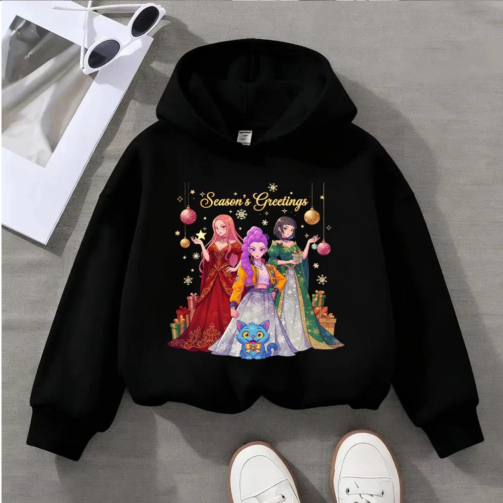 Festive Christmas Kids Hoodie with Adorable Anime Girls and Cute Cat Design for Season's Greetings