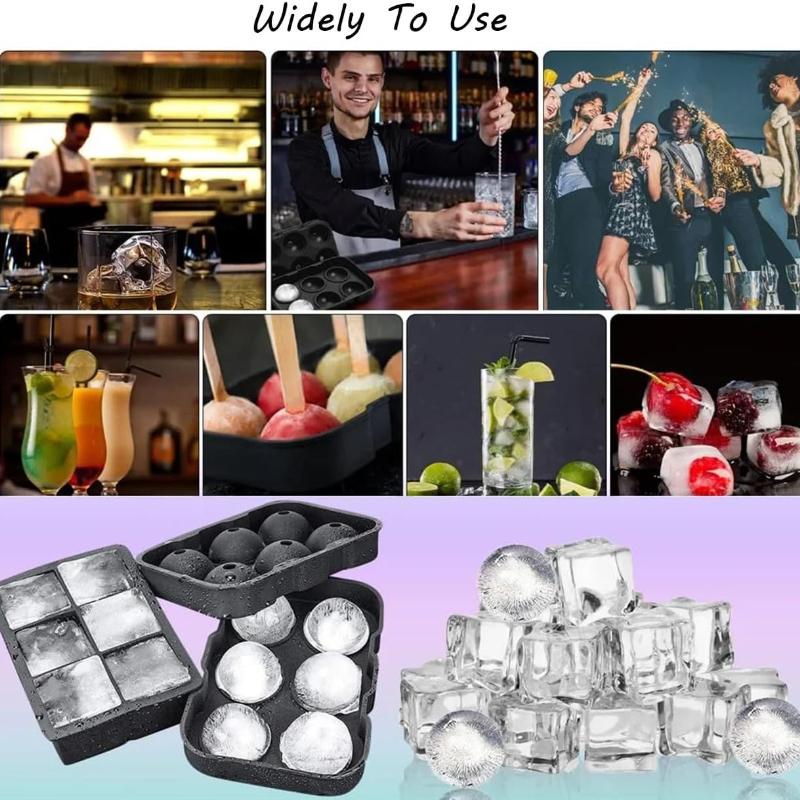 Set of 2 Silicone Ice Cube Tray Large Sphere & Square Ice Mold for Whiskey Cocktails BPA Free Reusable Stackable Easy Release