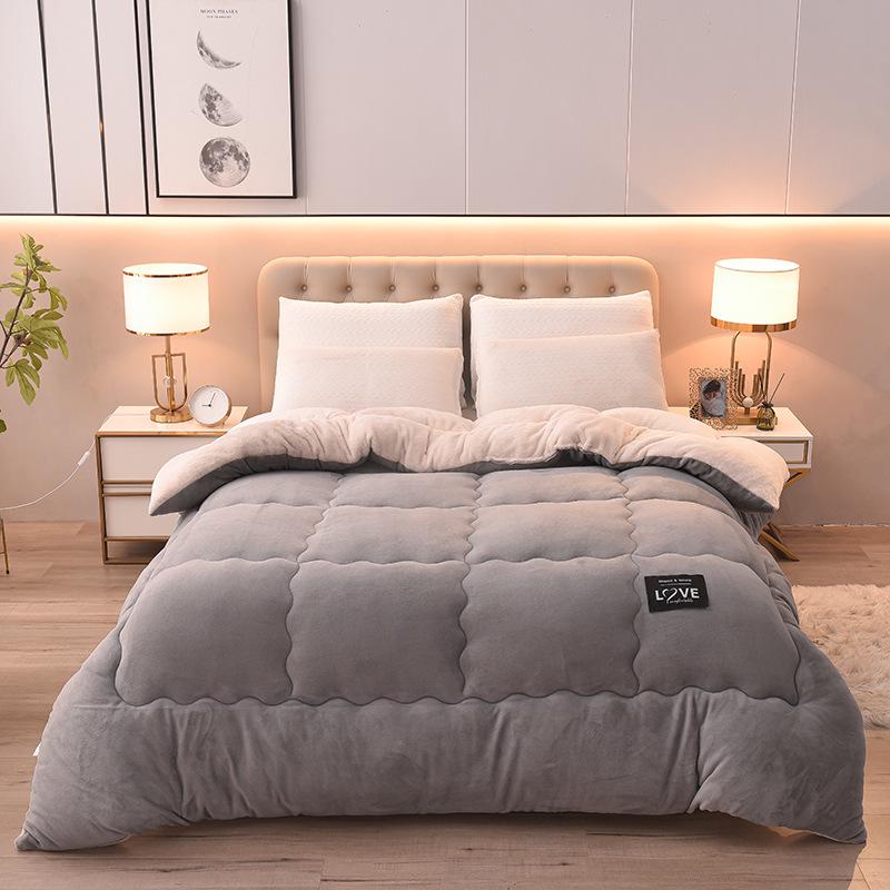 Solid Color Milk Velvet Winter Quilt with Flannel & Lambswool Core - Thick Warm Mattress Topper