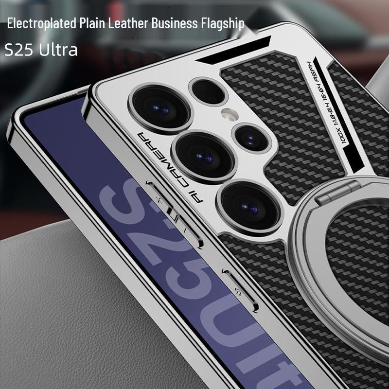 Samsung S25 Ultra Protective Case with Magnetic Rotating Stand – Anti-fall, Electroplated Leather Cover