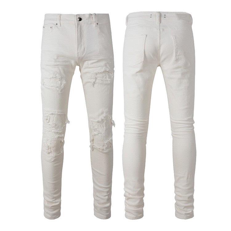 Trendy Men s White Ripped Slim Fit Jeans with Patches 30 белого денима