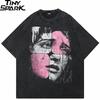 Hip Hop Retro Streetwear Vintage Washed Black TShirt Puzzle Face Graphic Shirt Cotton Unisex Tshirt Men Tops Tees Hipster