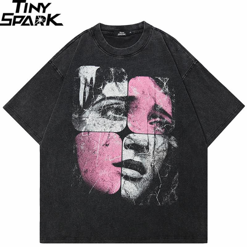 Hip Hop Retro Streetwear Vintage Schwarz gewaschenes T-Shirt Puzzle Gesicht Grafik Shirt Baumwolle Unisex T-Shirt Herren Oberteile T-Shirts Hipster