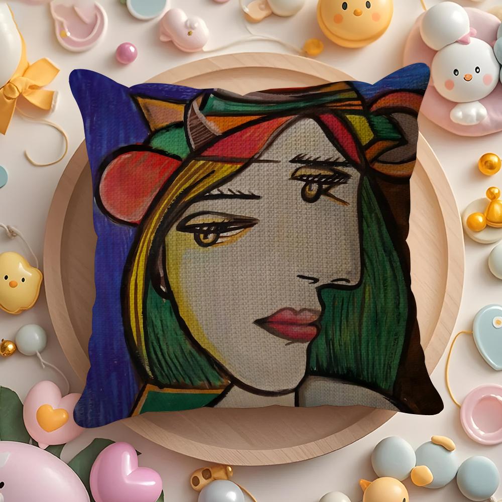 P-Picasso Oil Cushion Cover Linen Organic Fabric Double-Sided Printing Breathable Pillow Case Sofa Home Decor Gift