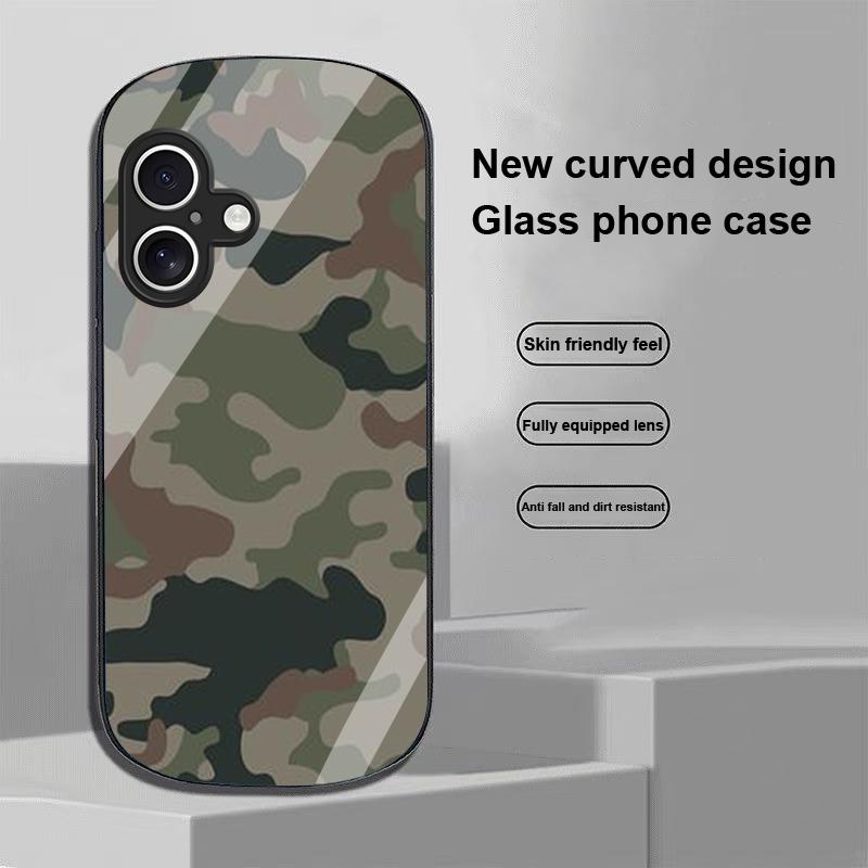 Camouflage Blue For Apple IPhone 16 11 13 15 14 Pro Max 12 Mini 7 8 Plus XR X XS Elliptical Shaped Tempered Glass Phone Case