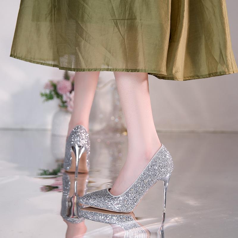 2026 Spring and Autumn Single Shoes Women's Fashion Glitter Pointed Shallow Mouth Thin Heel Sexy 8cm High Heels Size 35-45