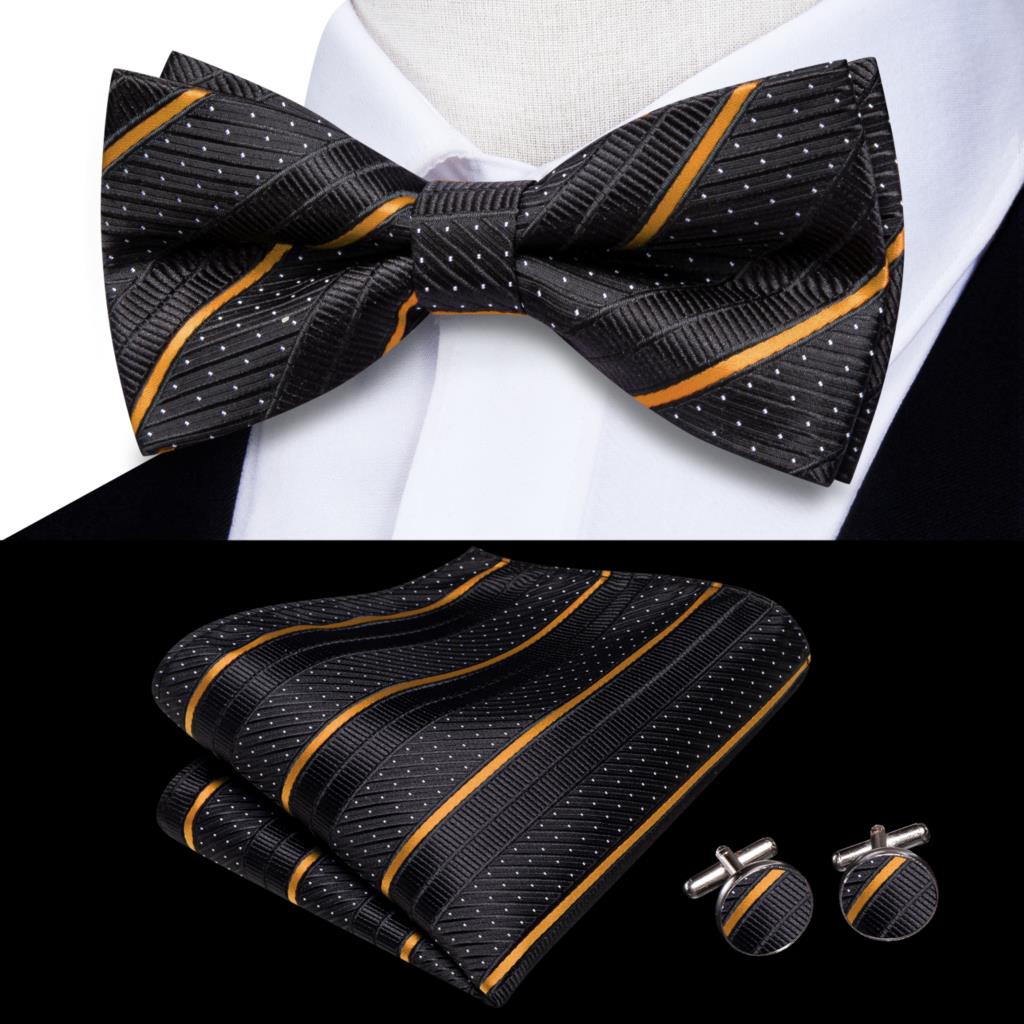 Hi-Tie Gestreifte Schwarz Rot Herren Fliege Einstecktuch Manschettenknöpfe Vorgebundene Seide Schmetterlingsknoten Fliege für Herren Business Party Großhandel