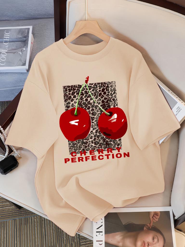 Fashion Leopard And Cherry Perfection Pattern T Shirt Women Summer Soft Tops Cotton All-Match Short Sleeve O-Neck Loose T-Shirts