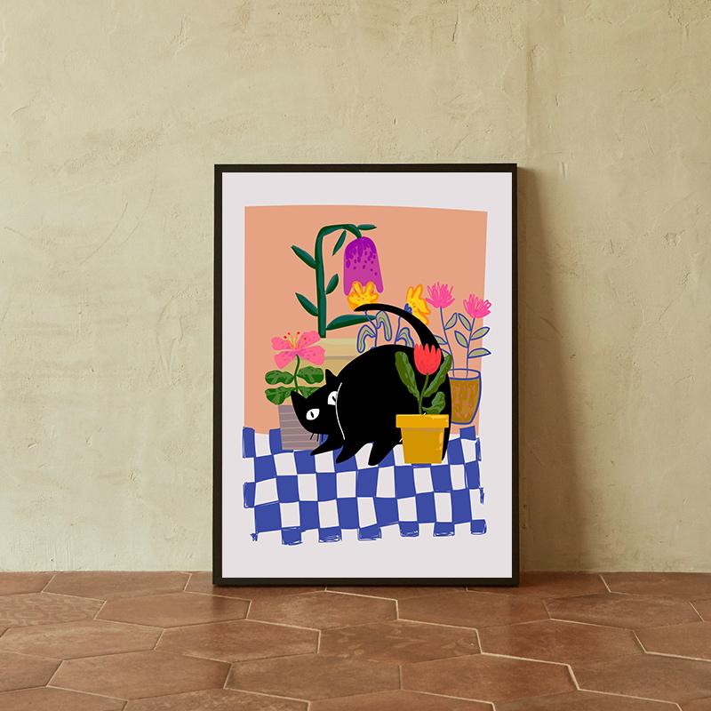 Canvas Painting Cute Black Cat with Flowers Wall Art Animal Poster Flower Print for Living Room Home Decor Unframed