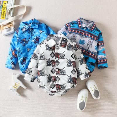 Macacão casual para meninos primavera outono 3M 6M 12M 18M 24M manga comprida lapela gado/cavalo estampa botão macacão