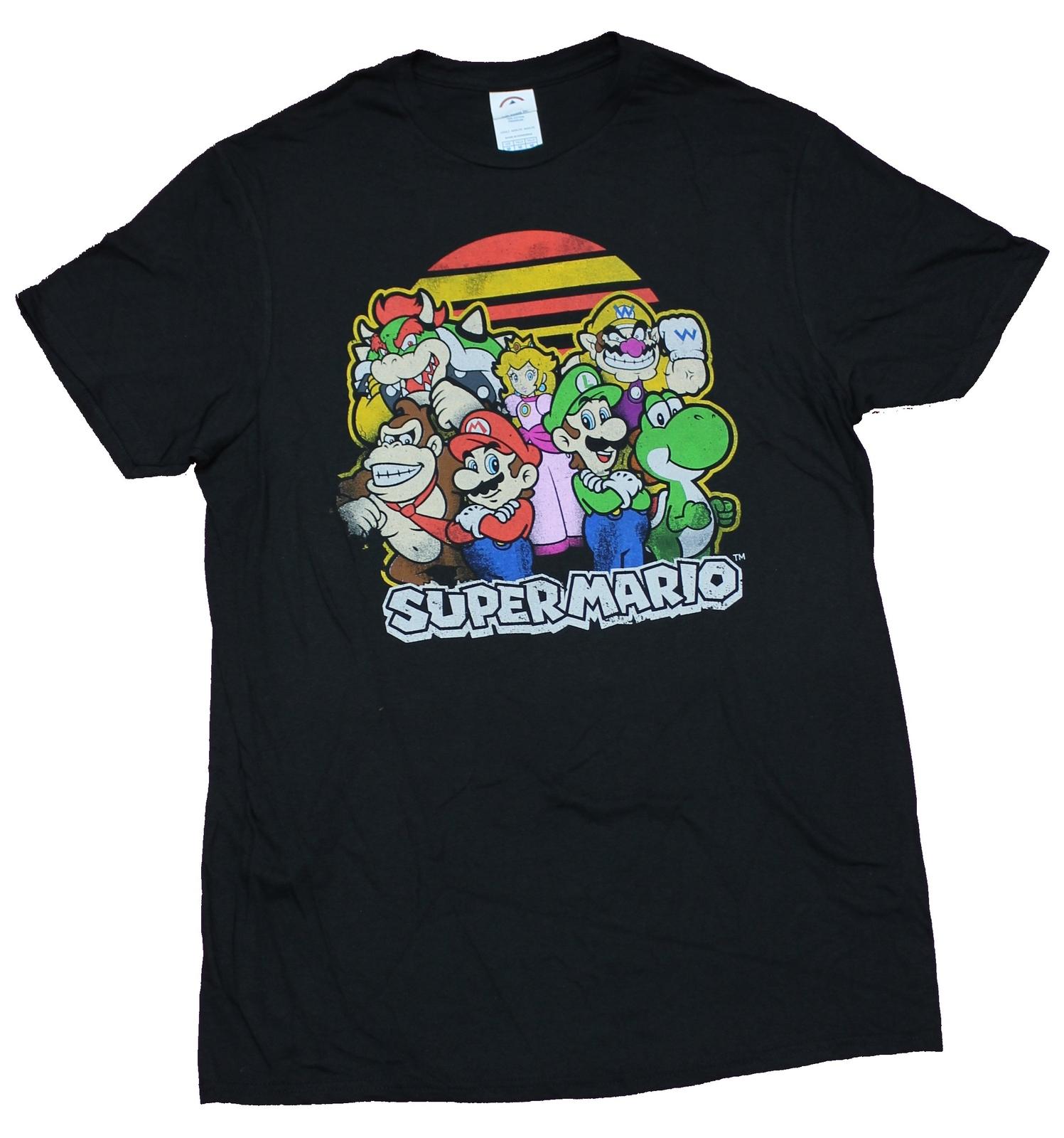 Super Mario Brothers Mens T-Shirt - Distressed 9 Character Sunset Style Image S