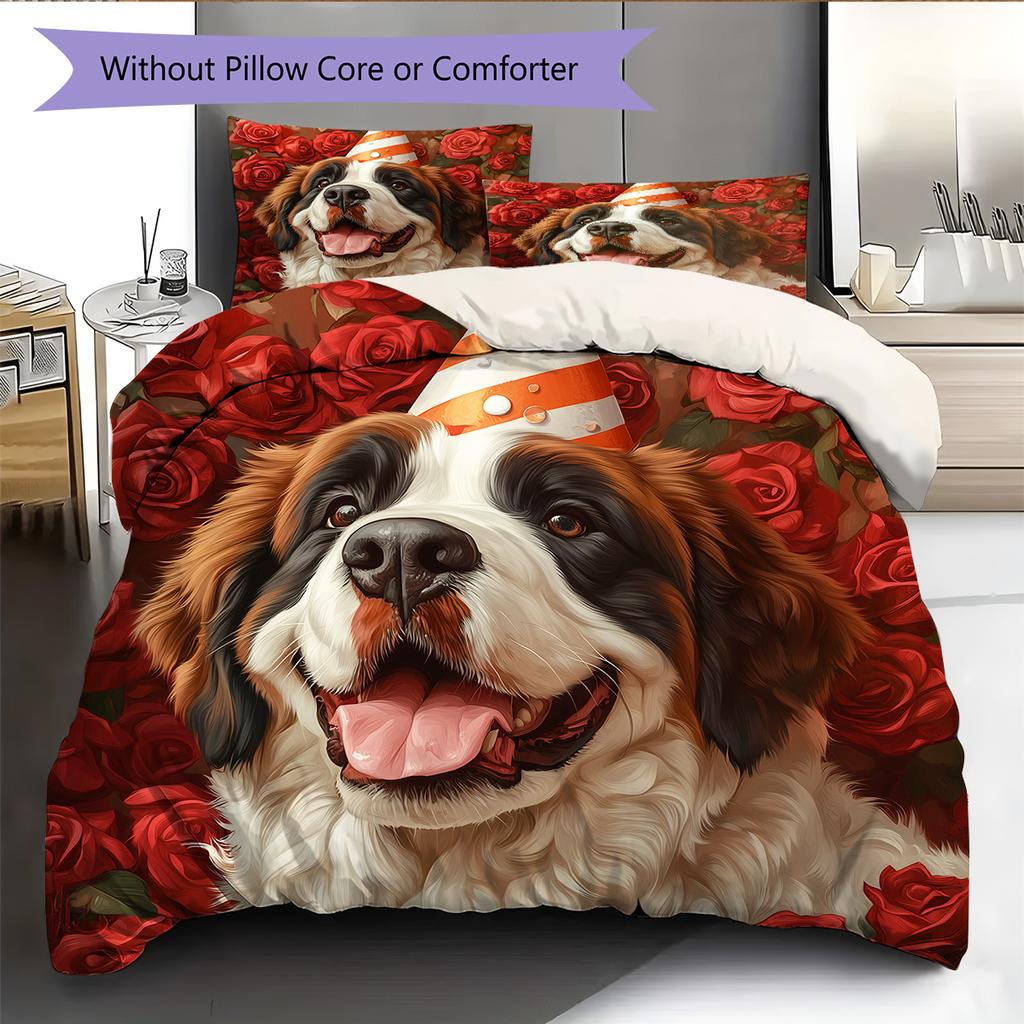 Rose Dog with Birthday Hat Pattern Bedding Quilt Set Home Decoration Gift (1 * duvet cover + 2 * pillowcase without core)