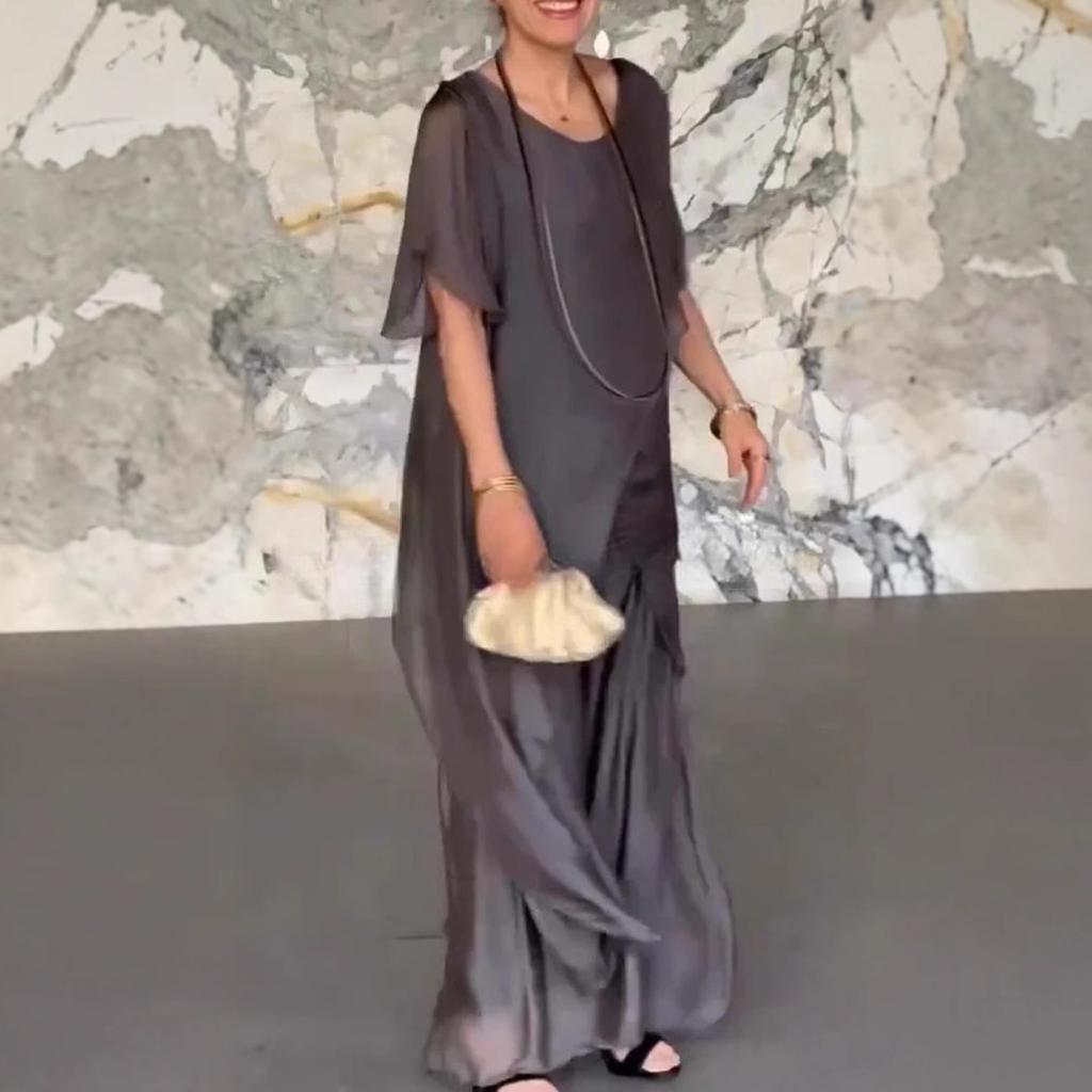 Women's Loose Fit Asymmetrical Hem Short Sleeve Top & Wide Leg Pants Set In Earth Tone