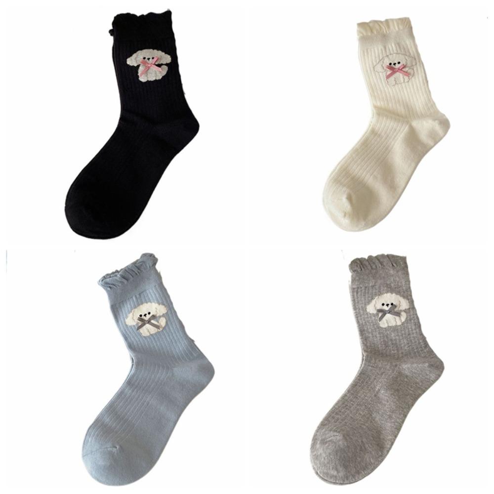 

4Pairs Kawaii Bowknot Ruffle Socks Anti-slip Mid-calf Socks Women Sweet Tube Socks Streetwear