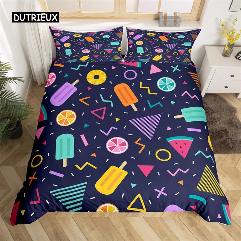 Psychedelic 3D Geometric Duvet Cover Microfiber Colorful Pop Abstract Art Comforter Cover Retro 80s Style Bedding Set Queen Size