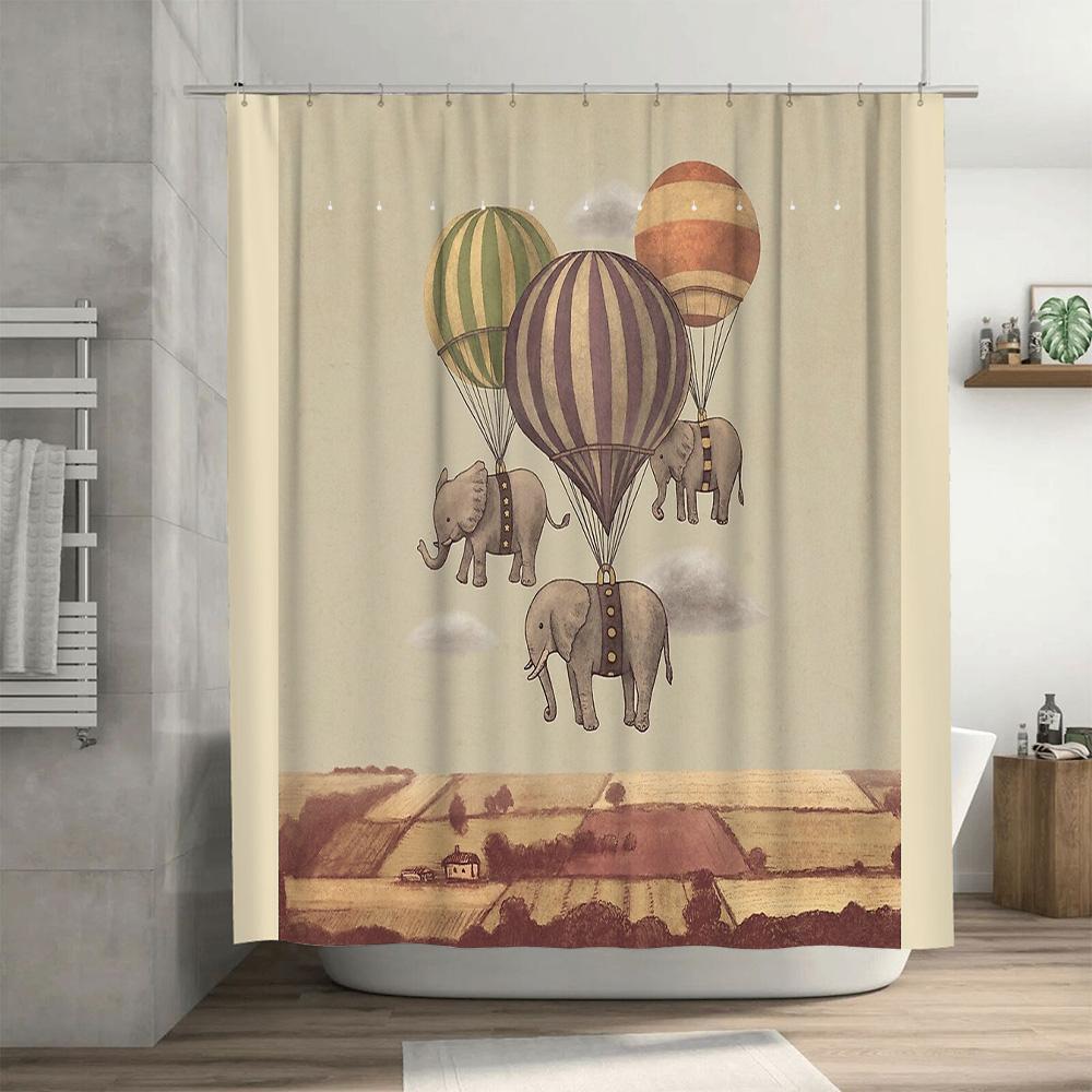 Vintage Elephant Hot Air Balloon Shower Curtain Rustic Farmhouse Bathroom Decor Set Waterproof Scenic Wall Hanging Artistic Home