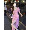 Floral dress women's summer large-size women's clothing, gentle wind, waist and thin, long skirt with split ruffles