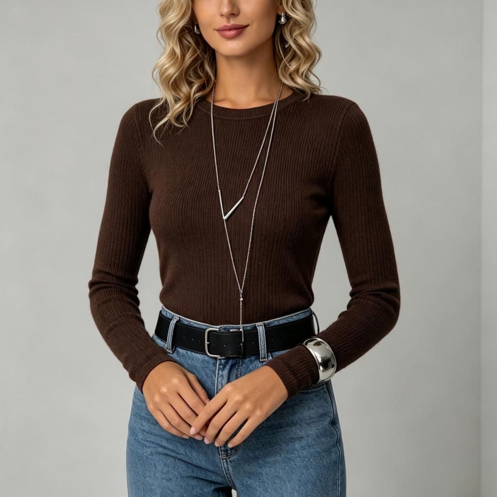 Maglietta a maniche lunghe a costine da donna, top basic casual