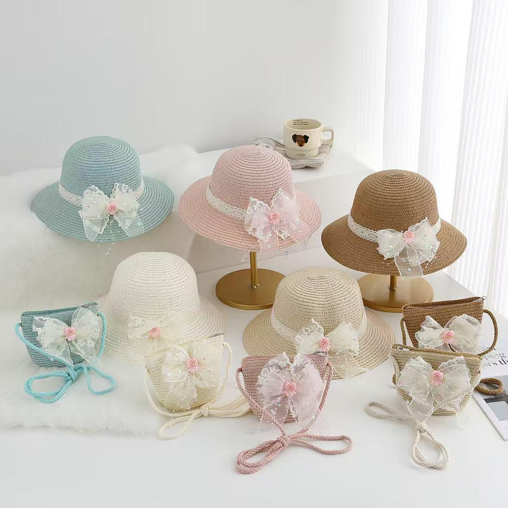 Girls' Lace Bow Sun Protection Straw Hat – Summer Outdoor Beach Bucket Hat