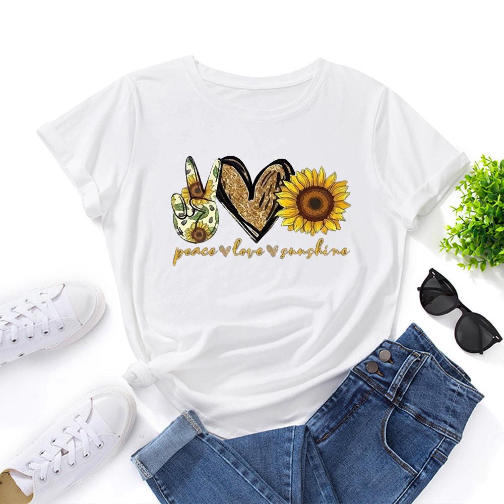 Cotton T-Shirt Short Sleeve Round Neck Women 2d Print Tops