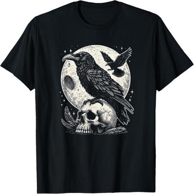 Gothic Raven Skull And Moon Art Crow Design T-Shirt