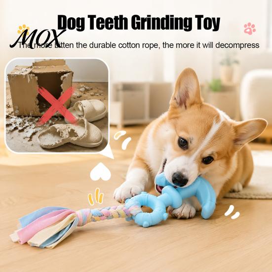 Pet Boredom Relief Dog Tug of War Toy, Rubber Chew Toy with Braided Teeth Cleaning Fabric Strips, Interactive for Small to Large Dogs Fetch