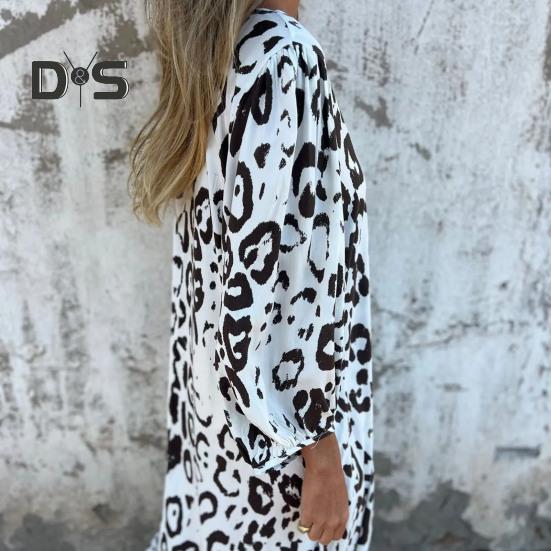 Women's Leopard Print Dress V-Neck Long Sleeve Maxi Dress Casual Loose Fit Spring Summer Dress for Office Daily Wear Vacation Party