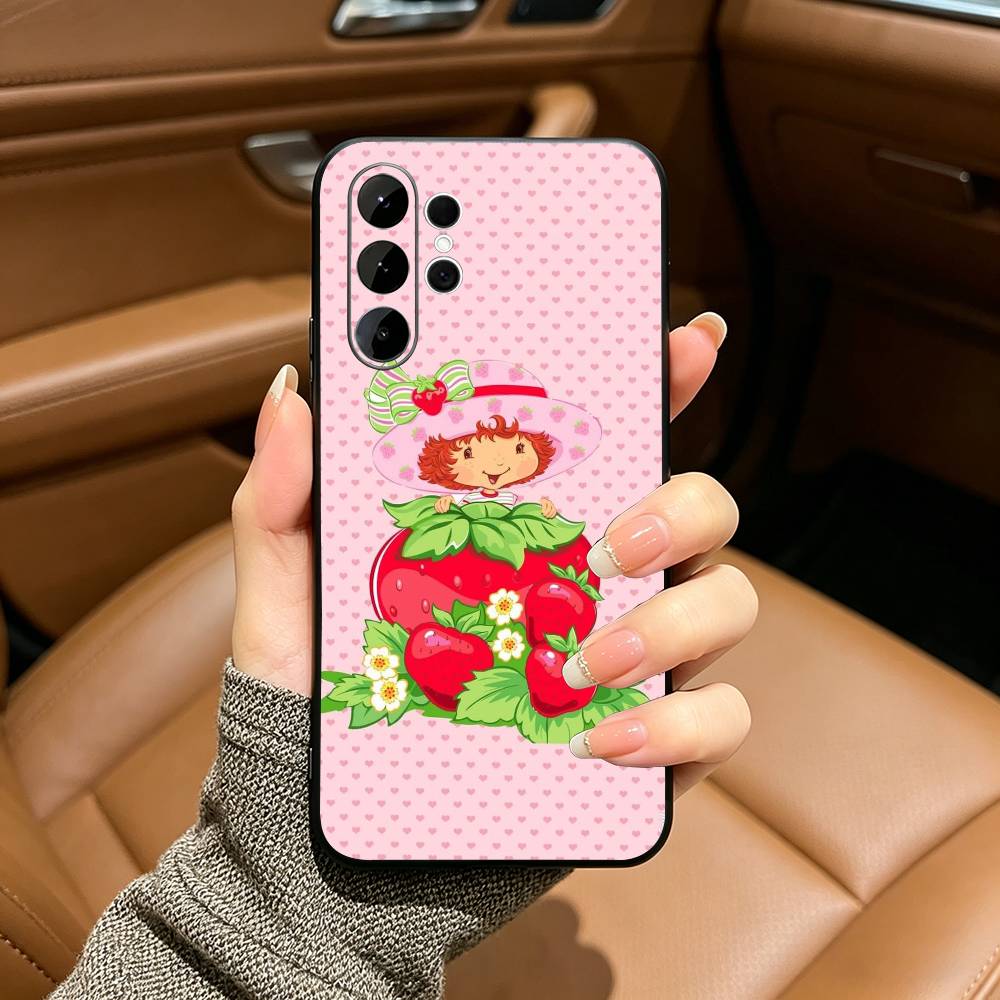 S-Strawberry-S- Shortcake Black Soft Silicone Phone Case for Samsung S25, S24, S21, S22, S23, S30, Ultra, S20, Plus, FE, Lite