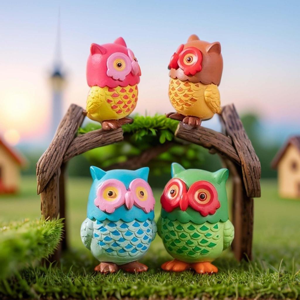 RENEWREVITAL Mini Miniature Set of Cute Animal DIY Car Bonsai Colorful Owl Figurines, Ornaments, 4, Figures, Desktop, Office, Decor, Gift, Landscape,