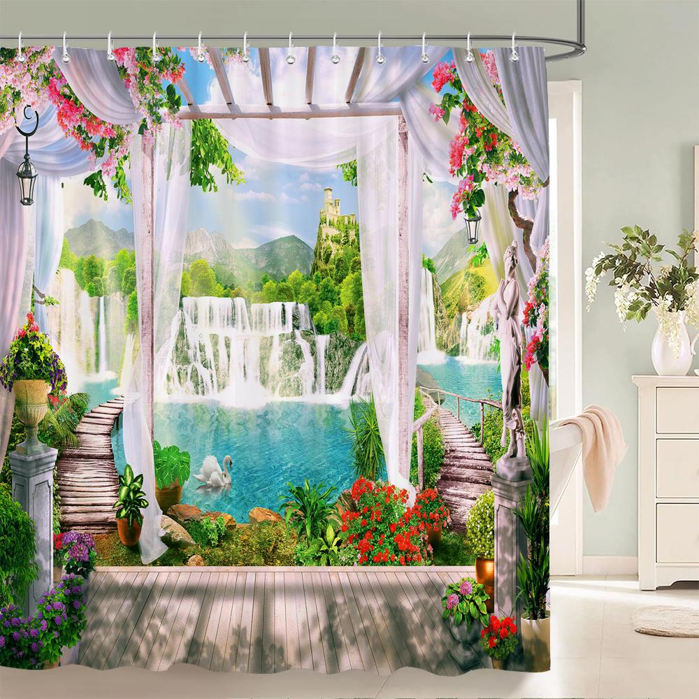 European Garden Patio Landscape Shower Curtains Beach Flowers Bathroom Curtain for Bathroom Polyester Waterproof Shower Curtain