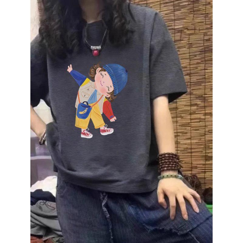 Plus-Size Women's Navy Blue Pure Cotton Short-Sleeve T-Shirt, Summer 2026 New Japanese-Style Cartoon Slimming and Figure-Flattering Top