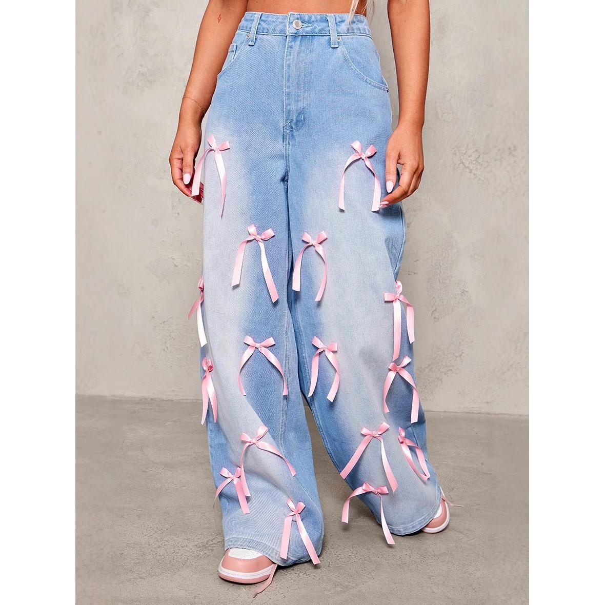 

Женские винтажные расклешенные джинсы с высокой талией, бантом и широкими штанинами. Брюки из выбеленного денима в стиле ретро со стильными карманами. M синий