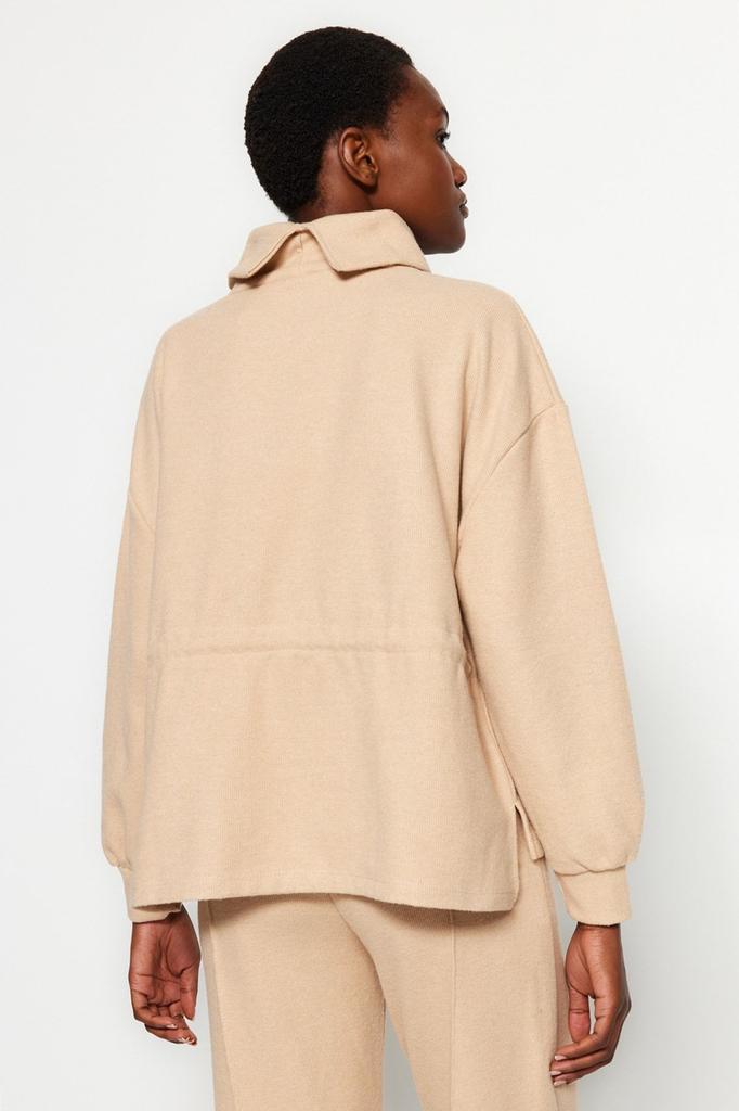 Women's Fashionable Stylish Sweatshirt Navy Blue Thessaloniki Knitwear Look High Collar Gathered Regular Fit Knitted Sweatshirt