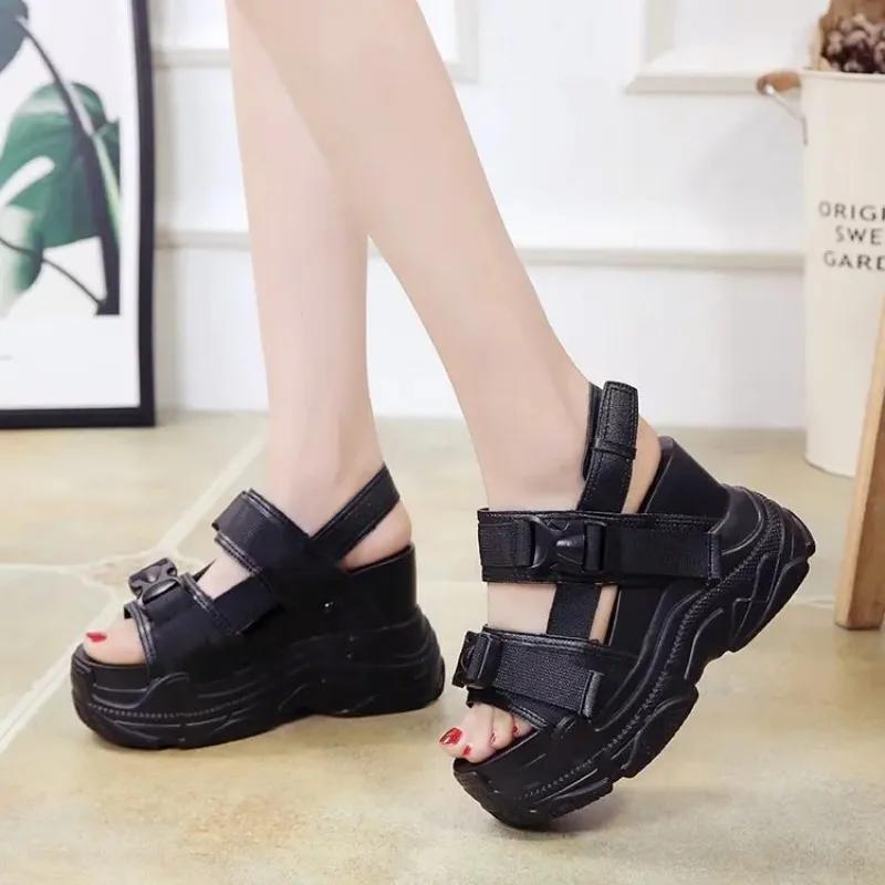 Sandalias De Mujer Verano 2024 Platform Shoes Wedge Heels Shoes Women Buckle Thick Soled Beach Sandals Woman Sport Sandal Black