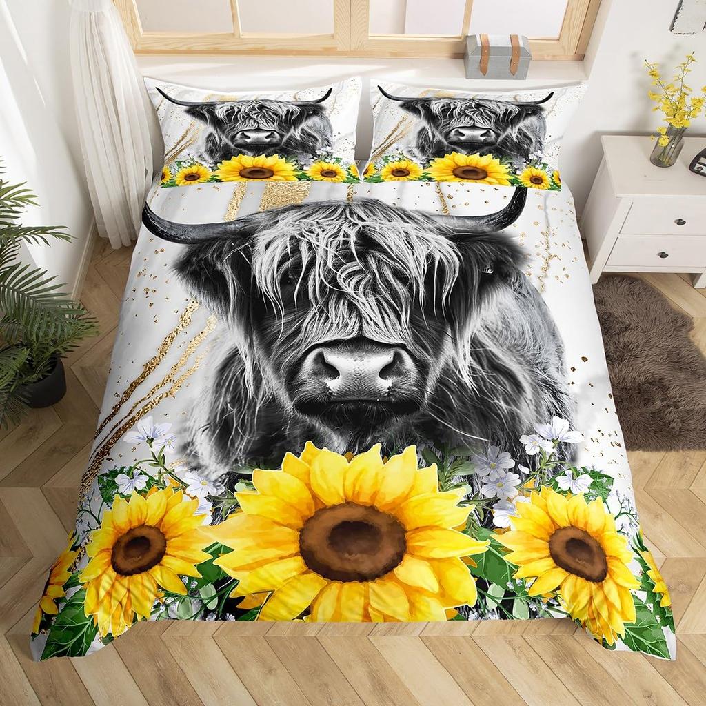 Påslakan King Highland Cow Mikrofiber Western Bondgård Djur Sängklädesset Leopard Ko Hud Päls Blommigt Tryck Täcke Överdrag