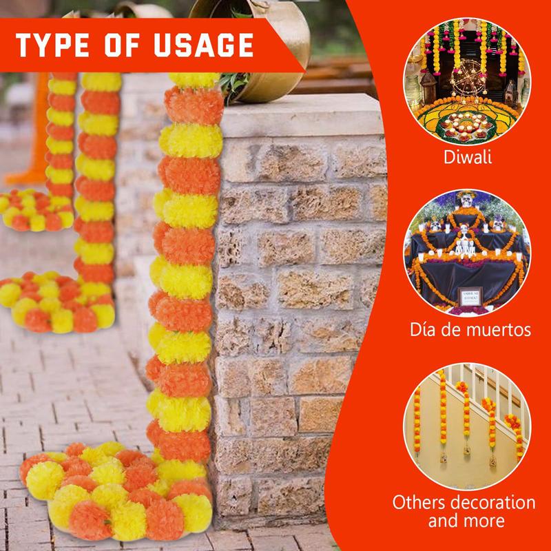5pcs 60inches Marigold Flower Garland Decoration Diwali Indian Wedding Decor Mexican Party Garland Thanksgiving Day Halloween