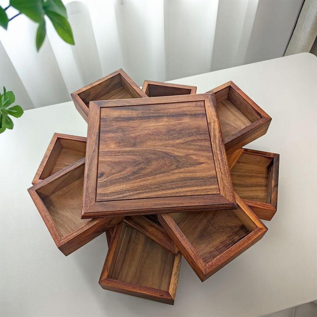 South American Walnut Rotating Puzzle Box for Tea Set & Jewelry Storage