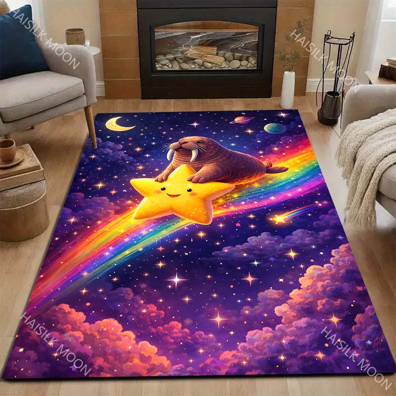 1PC Walrus rides star across rainbow sky Print Carpet for Living Room Bedroom Sofa Home Decor Rus Non-slip Floor Mat Luxury Gift