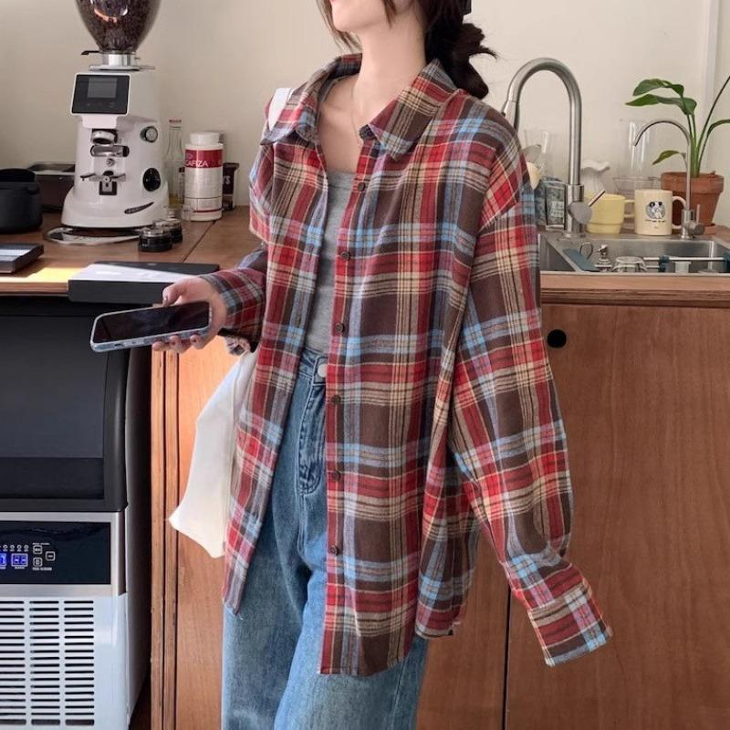 

Американская ретро клетчатая рубашка с длинным рукавом контрастных цветов для женщин, весенне-летне-осеннего дизайна, нишевый кардиган, куртка-рубашка, модная S красный
