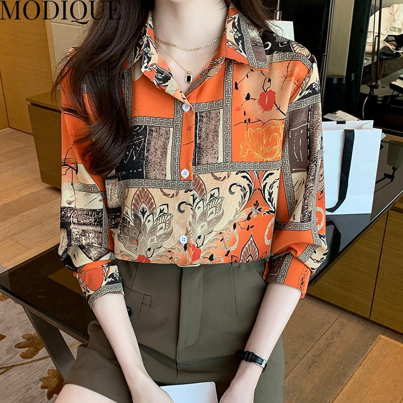 MODIQUE Jaro Léto Nadměrné velikosti Dámské Volné Elegantní Bavlněné Hedvábné Květinový Vzor Halenky Košile Dámská Móda Oversized Výstřih do V Dlouhý Rukáv Kabáty