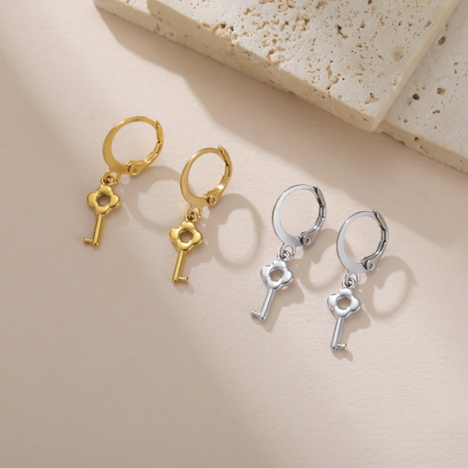 Lucky Star Jewelry Women's Gold Teamer Flower Key Dangle Earrings For Girls Stainless Steel Hoop Earrings Delicate Gentle Sweet Style Zircon Trinket Gift