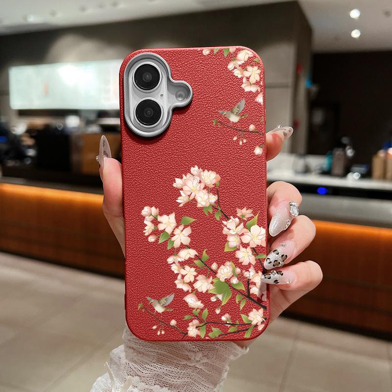 Cherry Blossom Pattern Leather Texture Slim Case for iPhone 16 Pro Max 15 Pro 14 Plus 13 12 11 Tpu Soft Shockproof Matte Solid Color Phone Cover