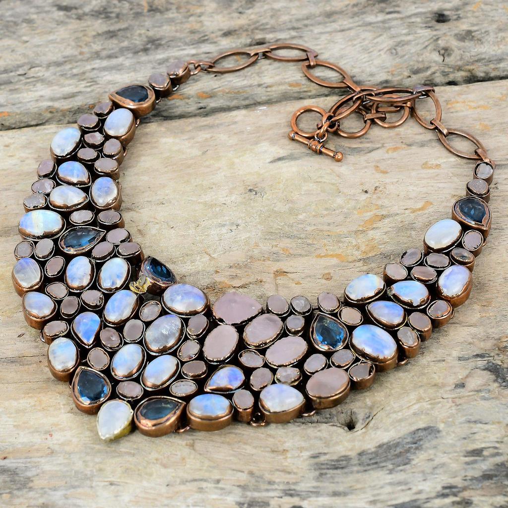 Rainbow Moonstone Necklace Electroformed Copper Necklace Adjustable Chain Necklace Swiss Blue Topaz And Rose Quartz Rough Gemstone Necklace