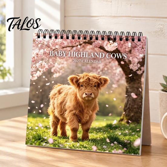 Thick Paper Memo Pad Baby Highland Cow Wall Calendar 2027, Cute Farmhouse Calf Hanging Calendar, Spiral Bound Office Jan-Dec 12 Monthly Planner