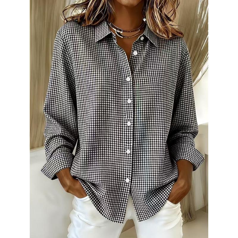 European beautiful women's new versatile lapel long-sleeved plaid shirt European and American four seasons fashion women's clothing