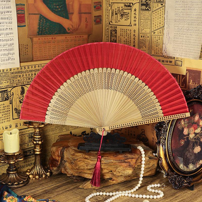 Chinese Ancient Style Folding Fan Bamboo Fan Bone Red Green Beige Folding Dance Fans in Summer