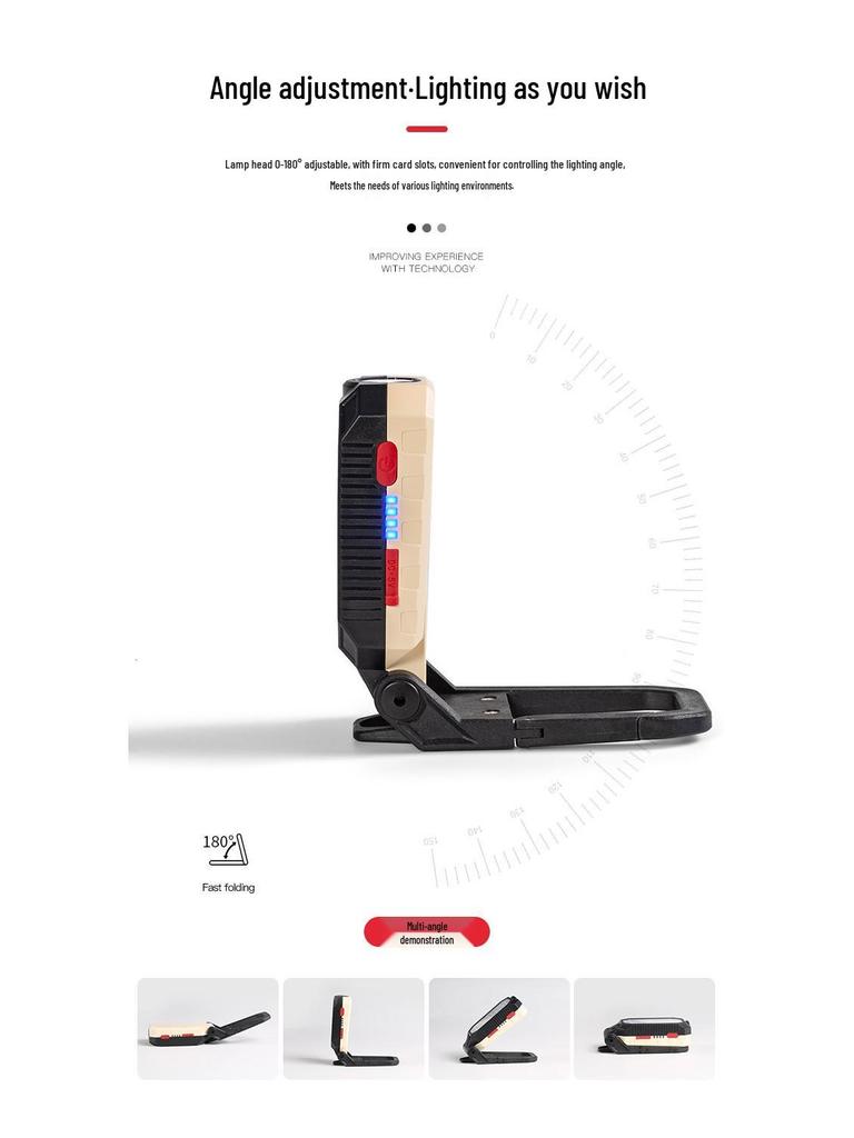 COB LED Handheld Work Light with USB Charging, Magnet Hook, and Emergency Flashlight for Outdoor and Auto Repair.