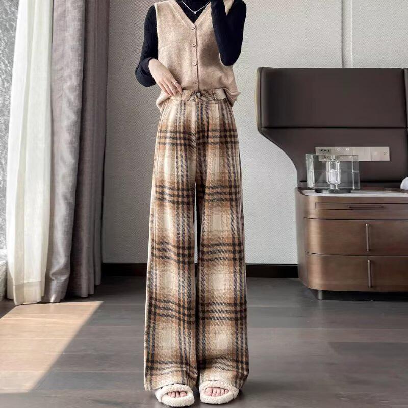 

Женские клетчатые шерстяные брюки на флисовой подкладке - С высокой талией, Свободного кроя, Осень/Зима 2024 XL коричневый